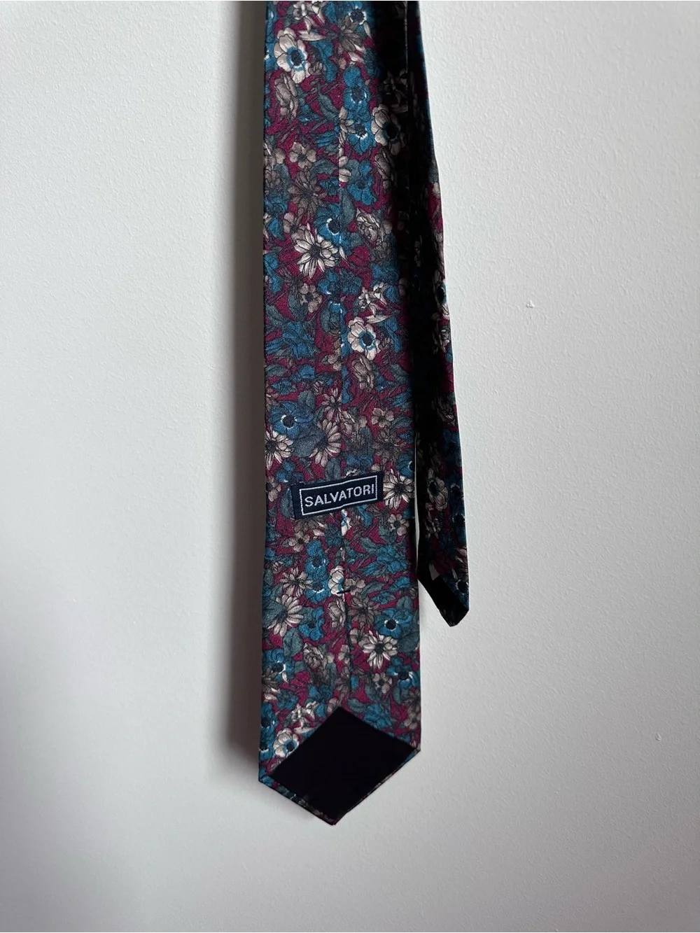 Salvatori 100% Silk Floral Necktie Blue Burgundy Tan Men’s Classic Wide Tie
